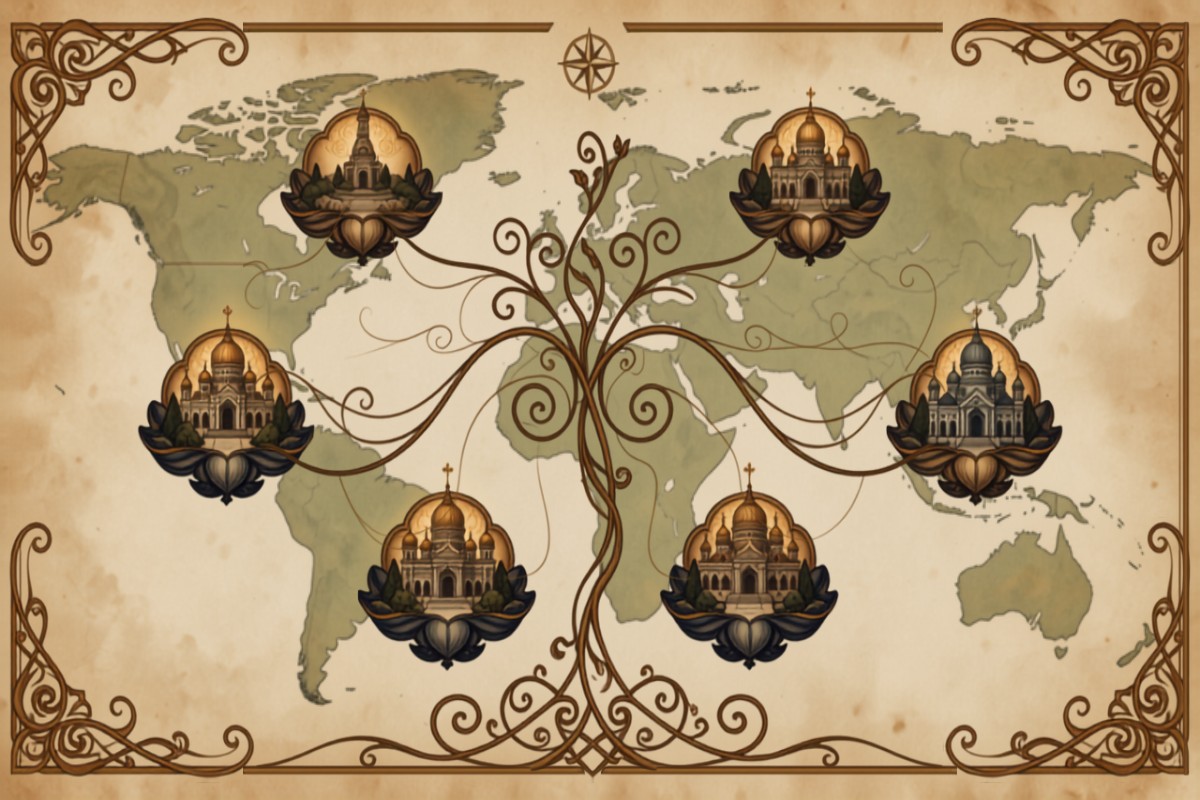 Fantasy world map with temples and divine realms