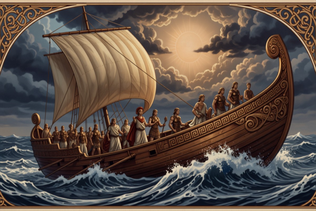 The ship Argo carrying the Argonauts through stormy seas