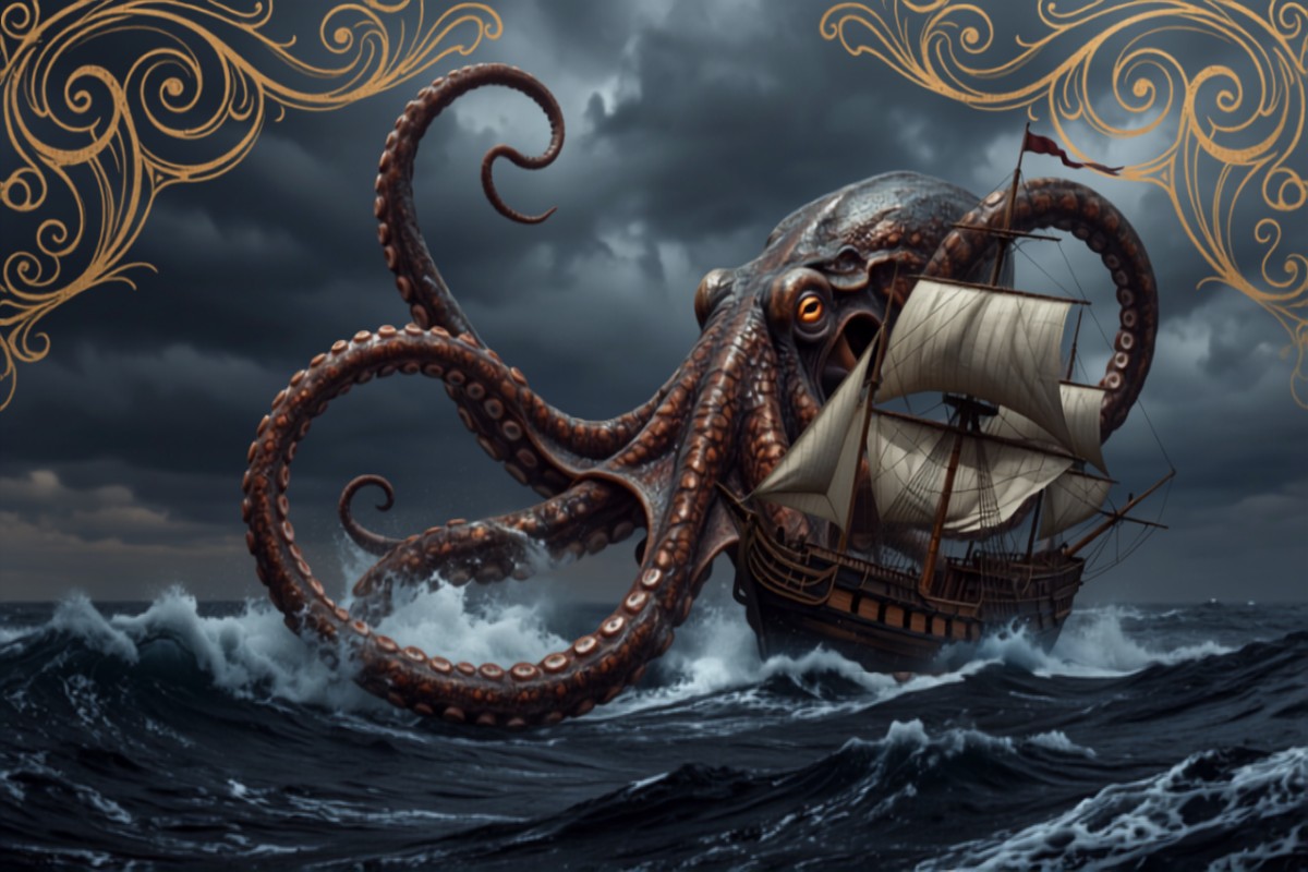 A giant kraken attacking a sailing ship