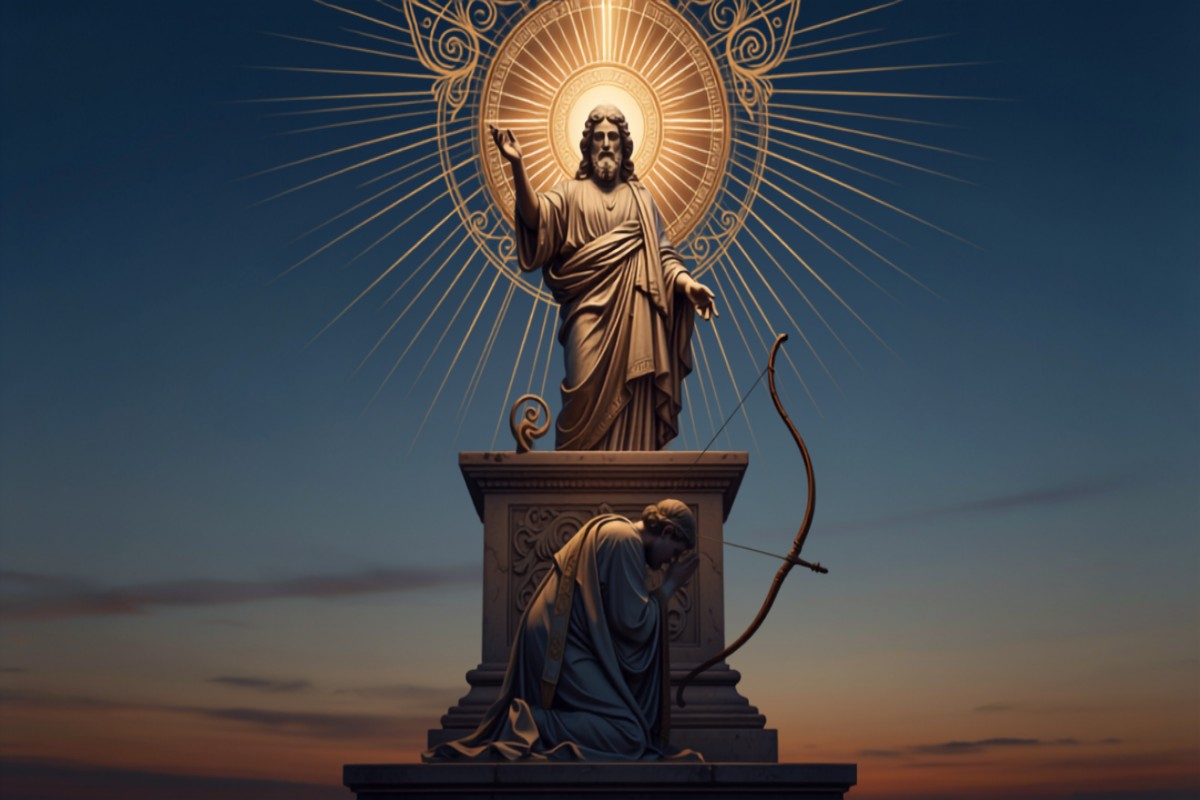 Divine light descending upon mortal priest