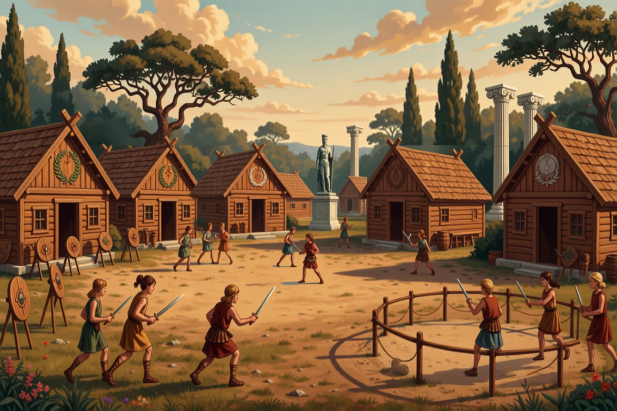Camp Half-Blood with cabins and training grounds