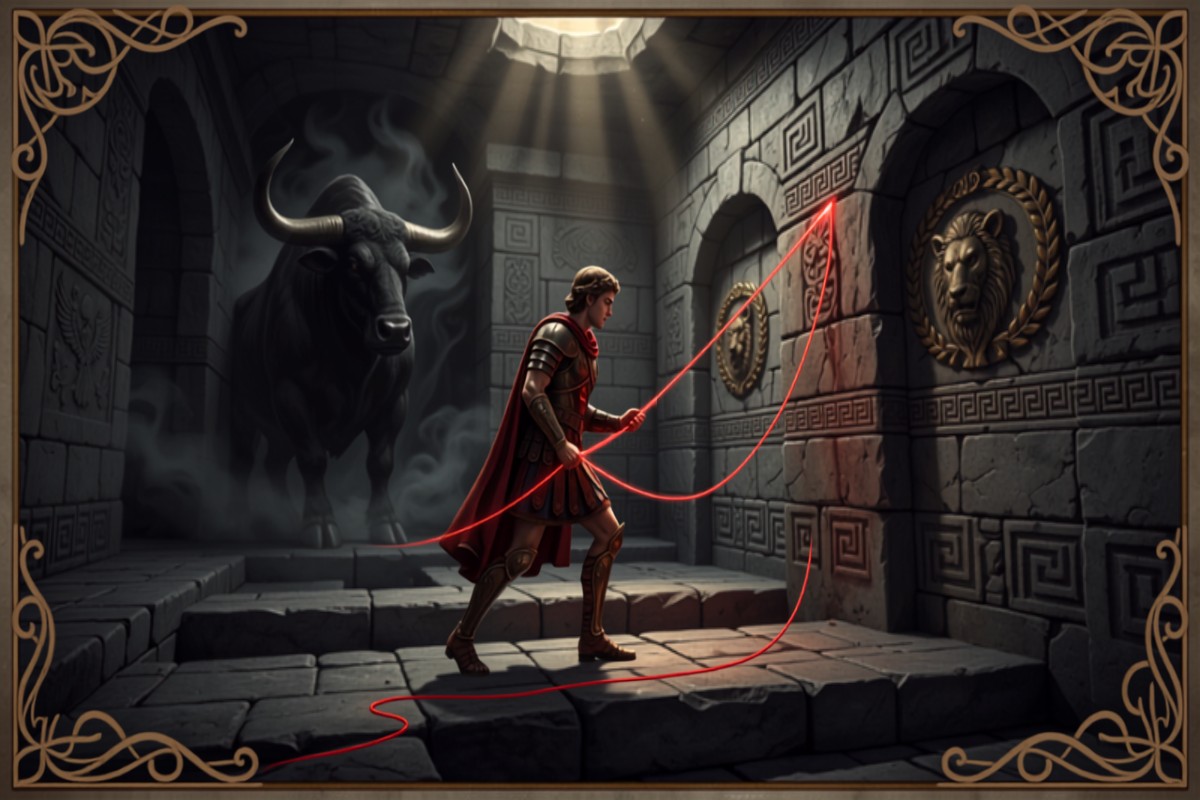 Theseus navigating the labyrinth with the help of Ariadne's thread