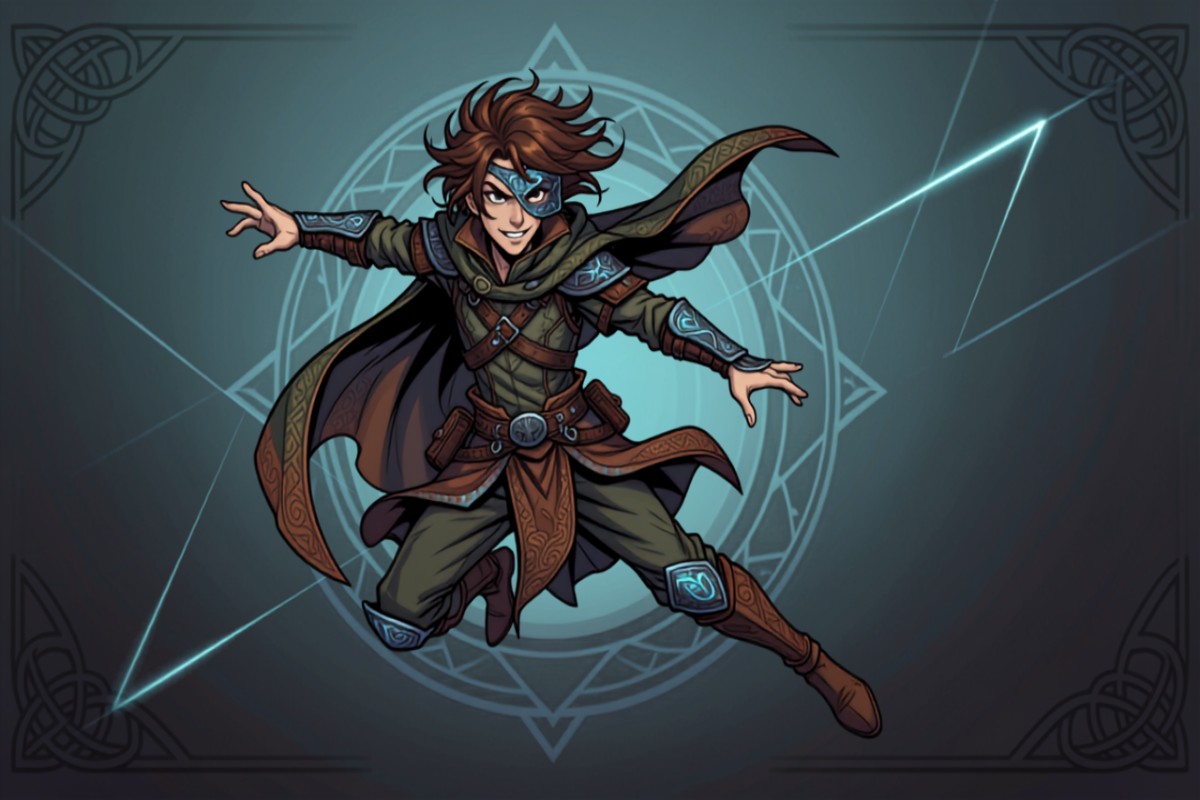 Trickster rogue character with mischievous grin