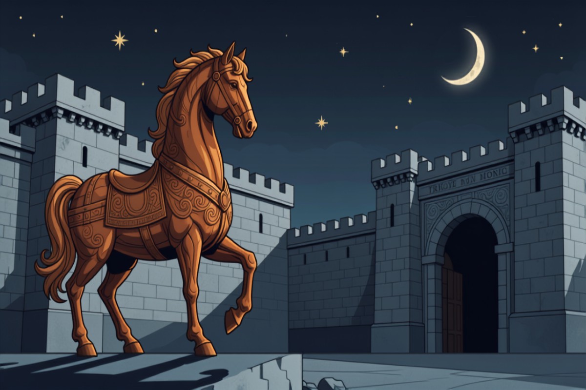 Wooden Trojan horse before the city gates at night