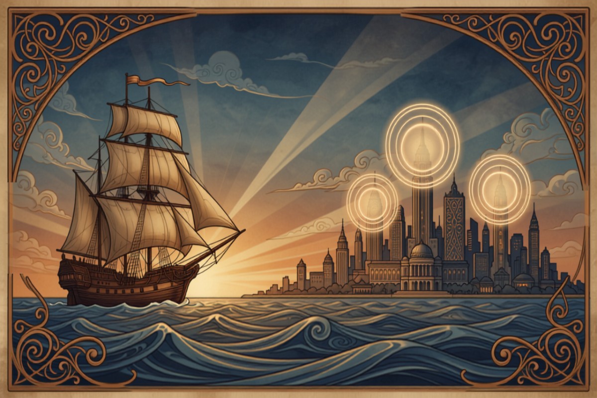 Ancient ship transforming into modern city skyline